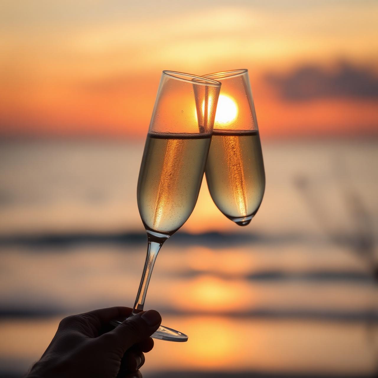 Champagne flutes at sunset