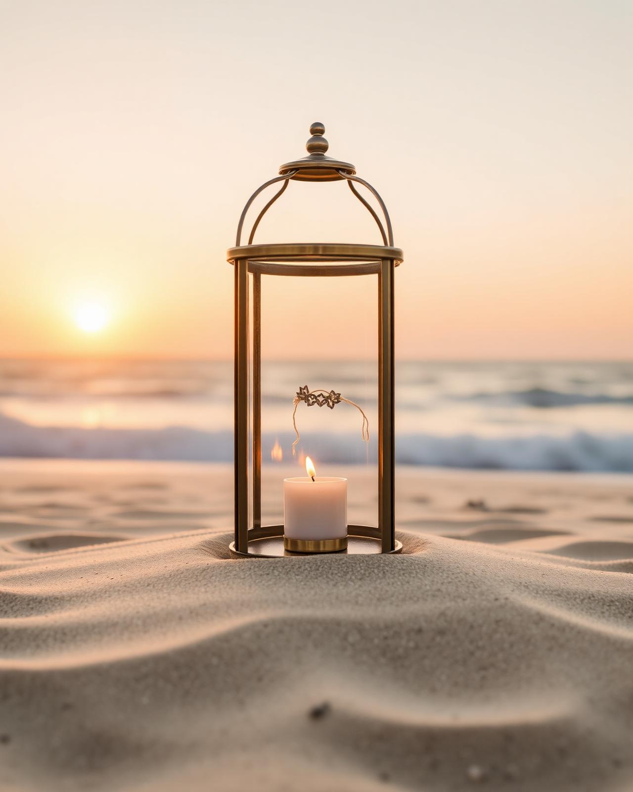Lantern on the sand at sunset